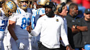 Oct 19, 2024; Piscataway, New Jersey, USA; UCLA Bruins head coach DeShaun Foster during the second half against the Rutgers Scarlet Knights at SHI Stadium. Mandatory Credit: Vincent Carchietta-Imagn Images