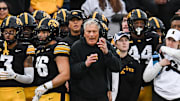 Nov 22, 2025; Iowa City, Iowa, USA; Iowa Hawkeyes head coach Kirk Ferentz reacts during the second quarter against the Michigan State Spartans at Kinnick Stadium. Mandatory Credit: Jeffrey Becker-Imagn Images