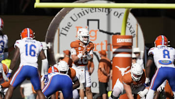 Nov 9, 2024; Austin, Texas, USA; Texas Longhorns quarterback Arch Manning (16) prepares to hike the ball during the second half against the Florida Gators at Darrell K Royal-Texas Memorial Stadium. Mandatory Credit: Scott Wachter-Imagn Images