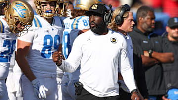 Oct 19, 2024; Piscataway, New Jersey, USA; UCLA Bruins head coach DeShaun Foster during the second half against the Rutgers Scarlet Knights at SHI Stadium. Mandatory Credit: Vincent Carchietta-Imagn Images
