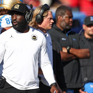 Oct 19, 2024; Piscataway, New Jersey, USA; UCLA Bruins head coach DeShaun Foster during the second half against the Rutgers Scarlet Knights at SHI Stadium. Mandatory Credit: Vincent Carchietta-Imagn Images