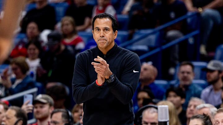 Apr 11, 2025; New Orleans, Louisiana, USA; Miami Heat head coach Erik Spoelstra against the New Orleans Pelicans during the first half at Smoothie King Center. Mandatory Credit: Stephen Lew-Imagn Images Apr 11, 2025; New Orleans, Louisiana, USA; Miami Heat head coach Erik Spoelstra against the New Orleans Pelicans during the first half at Smoothie King Center. Mandatory Credit: Stephen Lew-Imagn Images