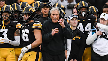 Nov 22, 2025; Iowa City, Iowa, USA; Iowa Hawkeyes head coach Kirk Ferentz reacts during the second quarter against the Michigan State Spartans at Kinnick Stadium. Mandatory Credit: Jeffrey Becker-Imagn Images