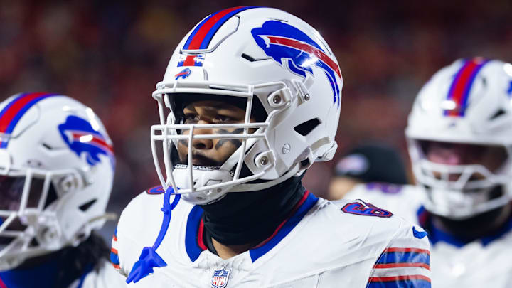 Jan 26, 2025; Kansas City, MO, USA; Buffalo Bills offensive tackle Tylan Grable (68) against the Kansas City Chiefs during the AFC Championship game at GEHA Field at Arrowhead Stadium. Mandatory Credit: Mark J. Rebilas-Imagn Images
