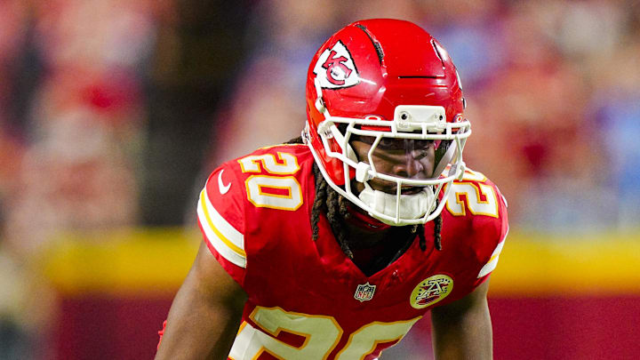 Oct 12, 2025; Kansas City, Missouri, USA; Kansas City Chiefs cornerback Nohl Williams (20) defends during the first half against the Detroit Lions at GEHA Field at Arrowhead Stadium. Mandatory Credit: Jay Biggerstaff-Imagn Images