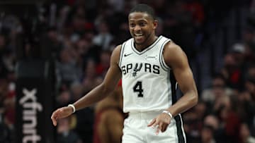 Nov 26, 2025; Portland, Oregon, USA; San Antonio Spurs guard De'Aaron Fox (4) reacts after making a three-point shot in the second half against the Portland Trail Blazers at Moda Center. Mandatory Credit: Jaime Valdez-Imagn Images