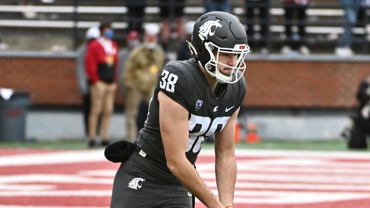 Sep 18, 2021; Pullman, Washington, USA; Washington State Cougars punter Nick Haberer (38) punts the ball away against the USC Trojans in the second half at Gesa Field at Martin Stadium. The Trojans won 45-14. Mandatory Credit: James Snook-USA TODAY Sports