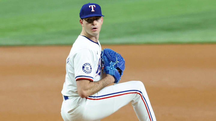 Sep 18, 2024; Arlington, Texas, USA;  Texas Rangers starting pitcher Cody Bradford (61) throws during the first inning against the Toronto Blue Jays at Globe Life Field. Mandatory Credit: Kevin Jairaj-Imagn Images