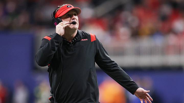 Dec 3, 2022; Atlanta, GA, USA; Georgia Bulldogs head coach Kirby Smart looks on during the second quarter against the LSU Tigers at Mercedes-Benz Stadium. Mandatory Credit: Brett Davis-Imagn Images