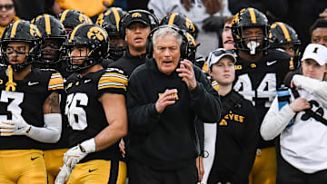 Nov 22, 2025; Iowa City, Iowa, USA; Iowa Hawkeyes head coach Kirk Ferentz reacts during the second quarter against the Michigan State Spartans at Kinnick Stadium. Mandatory Credit: Jeffrey Becker-Imagn Images