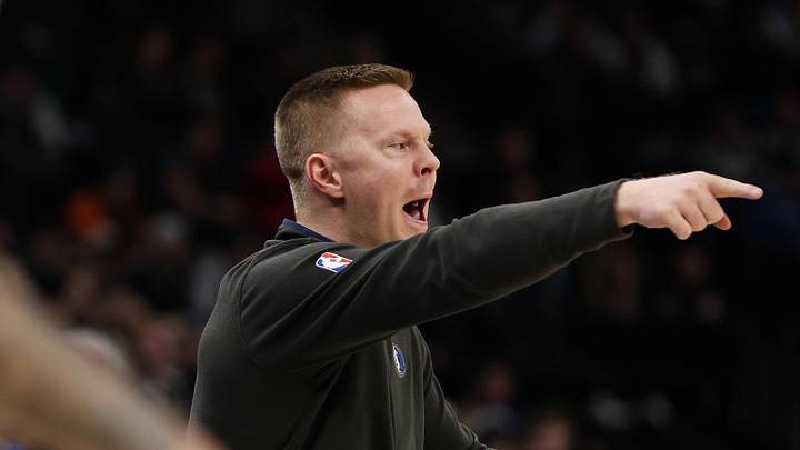 Dec 19, 2022; Minneapolis, Minnesota, USA; Dallas Mavericks assistant coach Sean Sweeney reacts during the fourth quarter against the Minnesota Timberwolves at Target Center. Mandatory Credit: Matt Krohn-Imagn Images