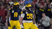 Jan 1, 2024; Pasadena, CA, USA; Michigan Wolverines defensive lineman Mason Graham (55) celebrates after a tackle against the Alabama Crimson Tide during overtime in the 2024 Rose Bowl college football playoff semifinal game at Rose Bowl. Mandatory Credit: Jayne Kamin-Oncea-USA TODAY Sports
