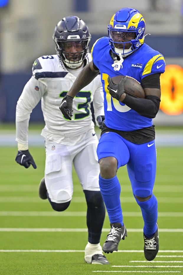 Los Angeles Rams wide receiver Tyler Johnson is chased down by Seattle Seahawks linebacker Ernest Jones IV
