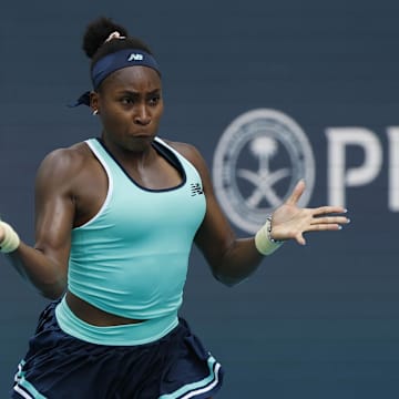 Mar 24, 2025; Miami, FL, USA; Coco Gauff (USA) hits a forehand against Magna Linette (POL)(not pictured) on day seven of the Miami Open at Hard Rock Stadium. Mandatory Credit: Geoff Burke-Imagn Images