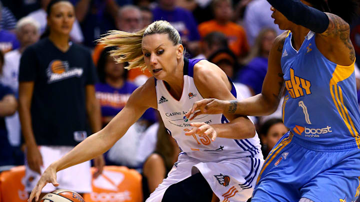Sep 7, 2014; Phoenix, AZ, USA; Phoenix Mercury forward Penny Taylor (13) against the Chicago Sky during game one of the WNBA Finals at US Airways Center. The Mercury defeated the Sky 83-62. Mandatory Credit: Mark J. Rebilas-Imagn Images
Sep 7, 2014; Phoenix, AZ, USA; Phoenix Mercury forward Penny Taylor (13) against the Chicago Sky during game one of the WNBA Finals at US Airways Center. The Mercury defeated the Sky 83-62. Mandatory Credit: Mark J. Rebilas-Imagn Images