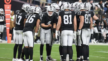 Nov 12, 2023; Paradise, Nevada, USA; Las Vegas Raiders quarterback Aidan O'Connell (4) in the huddle against the New York Jets in the fourth quarter at Allegiant Stadium. Mandatory Credit: Candice Ward-USA TODAY Sports