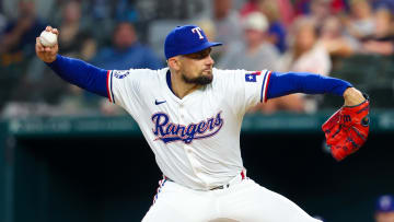 Jul 24, 2024; Arlington, Texas, USA; Texas Rangers starting pitcher Nathan Eovaldi (17) throws during the first inning against the Chicago White Sox at Globe Life Field.