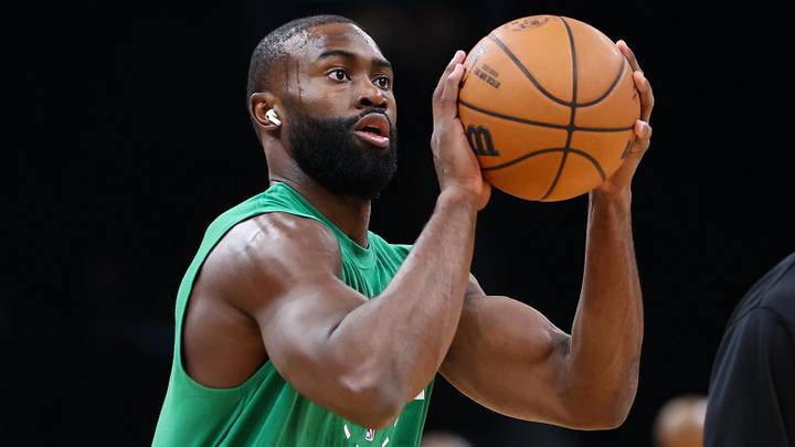 Nov 1, 2025; Boston, Massachusetts, USA; Boston Celtics forward Jaylen Brown (7) warms up before playing against the Houston Rockets at TD Garden. Mandatory Credit: Paul Rutherford-Imagn Images