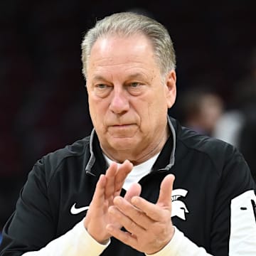 Mar 20, 2025; Cleveland, OH, USA; Michigan State Spartans head coach Tom Izzo watches his team during practice at Rocket Arena. Mandatory Credit: Ken Blaze-Imagn Images
