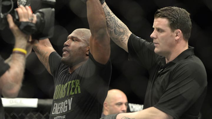 Rampage Jackson has his hand raised after defeating Fabio Maldonado at UFC 186 at Bell Centre.