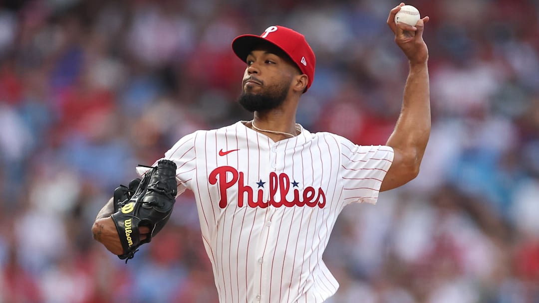 Aug 3, 2025; Philadelphia, Pennsylvania, USA; Philadelphia Phillies pitcher Cristopher Sanchez (61) throws a pitch against the Detroit Tigers during the first inning at Citizens Bank Park. 