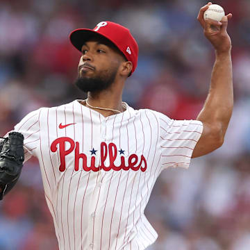Aug 3, 2025; Philadelphia, Pennsylvania, USA; Philadelphia Phillies pitcher Cristopher Sanchez (61) throws a pitch against the Detroit Tigers during the first inning at Citizens Bank Park. 