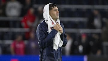 Nov 18, 2024; St. Louis, Missouri, USA;  United States forward Christian Pulisic (10) looks on after the United States defeated Jamaica at CITYPark. Mandatory Credit: Jeff Curry-Imagn Images