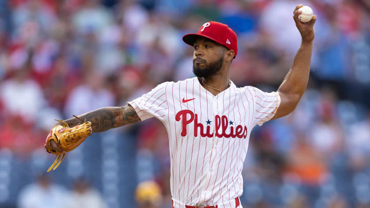 Jun 4, 2024; Philadelphia, Pennsylvania, USA; Philadelphia Phillies pitcher Cristopher Sanchez (61) throws a pitch during the first inning against the Milwaukee Brewers at Citizens Bank Park