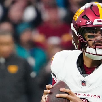 Nov 16, 2025; Madrid, Spain; Washington Commanders quarterback Marcus Mariota (8) Mandatory Credit: Kirby Lee-Imagn Images