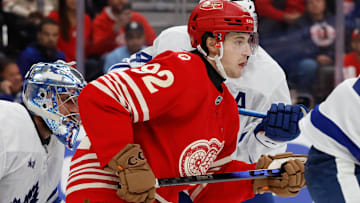 Oct 11, 2025; Detroit, Michigan, USA;  Detroit Red Wings center Marco Kasper (92) tries to screen Toronto Maple Leafs goaltender Anthony Stolarz (41) in the second period at Little Caesars Arena. Mandatory Credit: Rick Osentoski-Imagn Images