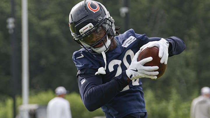Chicago Bears wide receiver Jahdae Walker (20) catches the ball during training camp at Halas Hall.