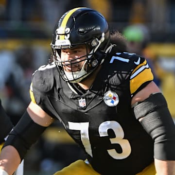 Dec 8, 2024; Pittsburgh, Pennsylvania, USA; Pittsburgh Steelers guard Isaac Seumalo (73) against the Cleveland Browns during the first quarter at Acrisure Stadium. Mandatory Credit: Barry Reeger-Imagn Images