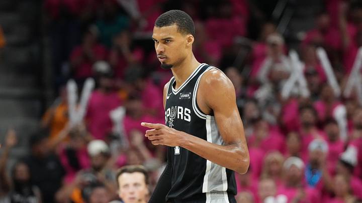 May 22, 2026; San Antonio, Texas, USA; San Antonio Spurs forward Victor Wembanyama (1) reacts in the second half during game three of the western conference finals for the 2026 NBA playoffs at Frost Bank Center. Mandatory Credit: Scott Wachter-Imagn Images
