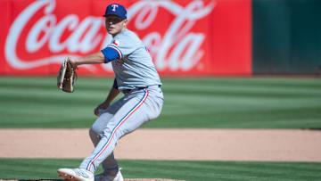 Sep 26, 2024; Oakland, California, USA; Texas Rangers pitcher Jack Leiter (35) throws a pitch during the ninth inning against the Oakland Athletics at Oakland-Alameda County Coliseum. 
