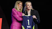 Paige Bueckers poses with WNBA commissioner Cathy Engelbert after being selected with the number one overall pick to the Dallas Wings in the 2025 WNBA Draft at The Shed at Hudson Yards.