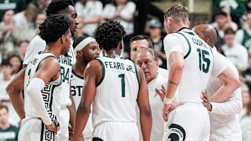 Michigan State head coach Tom Izzo talks to players at a a timeout against Bowling Green during the first half at Breslin Center in East Lansing on Saturday, Nov. 16, 2024.
