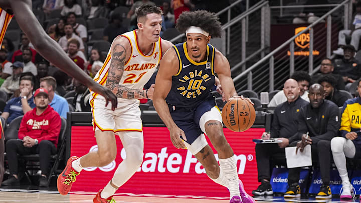 Oct 8, 2024; Atlanta, Georgia, USA; Indiana Pacers guard Kendall Brown (10) dribbles past Atlanta Hawks guard Vit Krejci (27) during the second half at State Farm Arena. Mandatory Credit: Dale Zanine-Imagn Images Oct 8, 2024; Atlanta, Georgia, USA; Indiana Pacers guard Kendall Brown (10) dribbles past Atlanta Hawks guard Vit Krejci (27) during the second half at State Farm Arena. Mandatory Credit: Dale Zanine-Imagn Images
