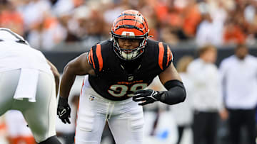 Nov 3, 2024; Cincinnati, Ohio, USA; Cincinnati Bengals defensive end Myles Murphy (99) runs a play against the Las Vegas Raiders in the second half at Paycor Stadium. Mandatory Credit: Katie Stratman-Imagn Images