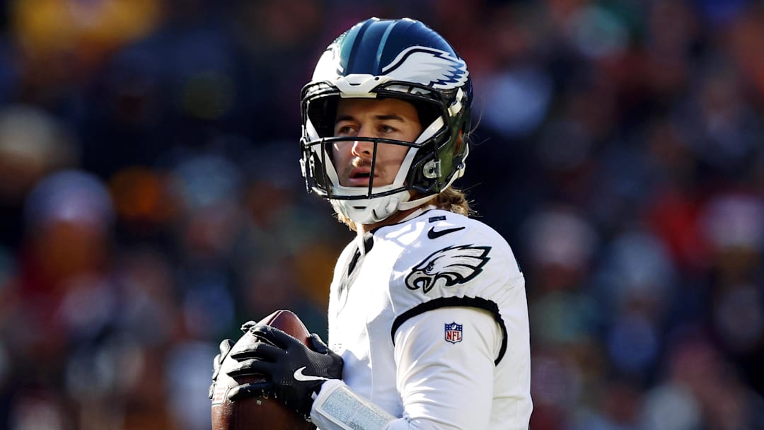 Dec 22, 2024; Landover, Maryland, USA; Philadelphia Eagles quarterback Kenny Pickett (7) throws a pass during the first quarter against the Washington Commanders at Northwest Stadium. Mandatory Credit: Peter Casey-Imagn Images