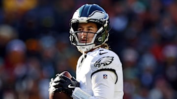 Dec 22, 2024; Landover, Maryland, USA; Philadelphia Eagles quarterback Kenny Pickett (7) throws a pass during the first quarter against the Washington Commanders at Northwest Stadium. Mandatory Credit: Peter Casey-Imagn Images