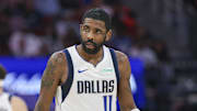 Jan 1, 2025; Houston, Texas, USA; Dallas Mavericks guard Kyrie Irving (11) reacts after a play during the fourth quarter against the Houston Rockets at Toyota Center. Mandatory Credit: Troy Taormina-Imagn Images