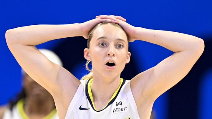 Dallas Wings guard Paige Bueckers reacts to a call.