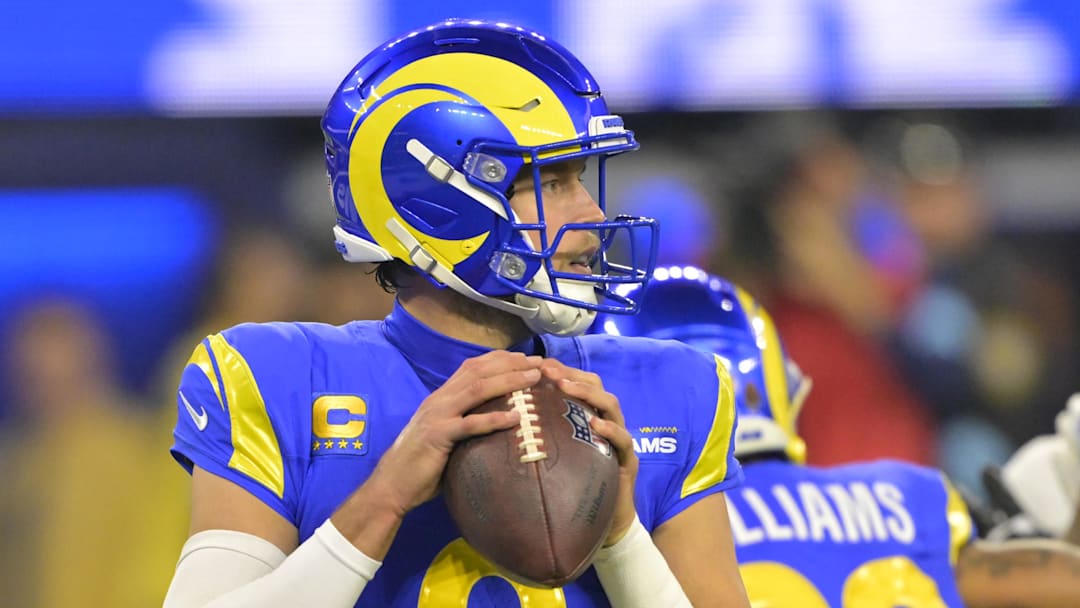 Dec 28, 2024; Inglewood, California, USA;   Los Angeles Rams quarterback Matthew Stafford (9) sets to pass in the first half against the Arizona Cardinals at SoFi Stadium. Mandatory Credit: Jayne Kamin-Oncea-Imagn Images