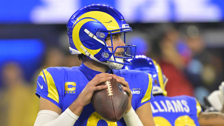 Dec 28, 2024; Inglewood, California, USA; Los Angeles Rams quarterback Matthew Stafford (9) sets to pass in the first half against the Arizona Cardinals at SoFi Stadium. Mandatory Credit: Jayne Kamin-Oncea-Imagn Images Dec 28, 2024; Inglewood, California, USA; Los Angeles Rams quarterback Matthew Stafford (9) sets to pass in the first half against the Arizona Cardinals at SoFi Stadium. Mandatory Credit: Jayne Kamin-Oncea-Imagn Images