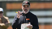 May 9, 2025; Berea, OH, USA; Cleveland Browns head coach Kevin Stefanski calls a play during rookie minicamp at CrossCountry Mortgage Campus. Mandatory Credit: Ken Blaze-Imagn Images