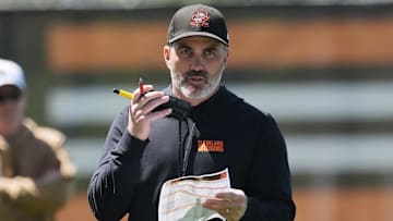 May 9, 2025; Berea, OH, USA; Cleveland Browns head coach Kevin Stefanski calls a play during rookie minicamp at CrossCountry Mortgage Campus. Mandatory Credit: Ken Blaze-Imagn Images