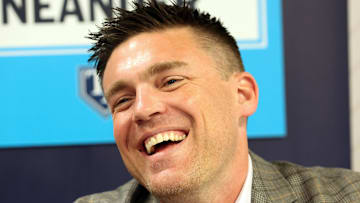 Feb 15, 2024; Tampa, FL, USA; Tampa Bay Rays president of baseball operations Erik Neander talks with media at George M. Steinbrenner Field. 