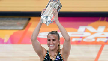 New York Liberty's Sabrina Ionescu (20) celebrates Friday, July 18, 2025, after winning the WNBA All-Star 3-point contest at Gainbridge Fieldhouse in Indianapolis.