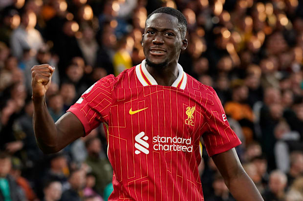 Ibrahima Konaté celebrating for Liverpool.