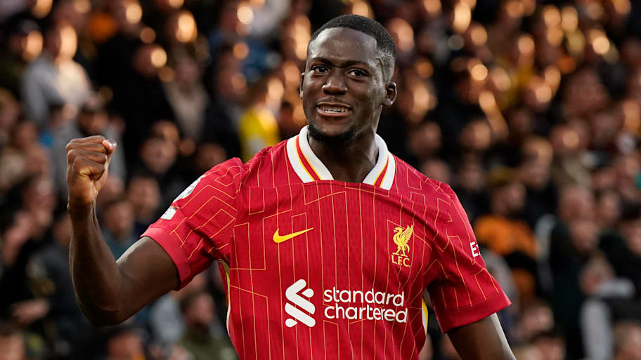 Ibrahima Konaté celebrating for Liverpool.